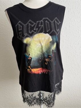AC/DC Black Graphic Stage Scene Lace-Trim Tank